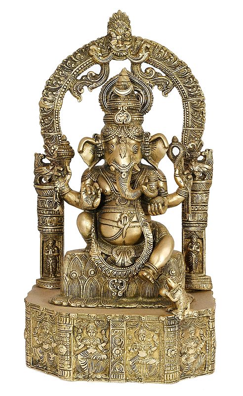 20" Lord Ganesha Seated on Lotus Base Carved with Hindu Deities In Brass | Handmade | Made In India
