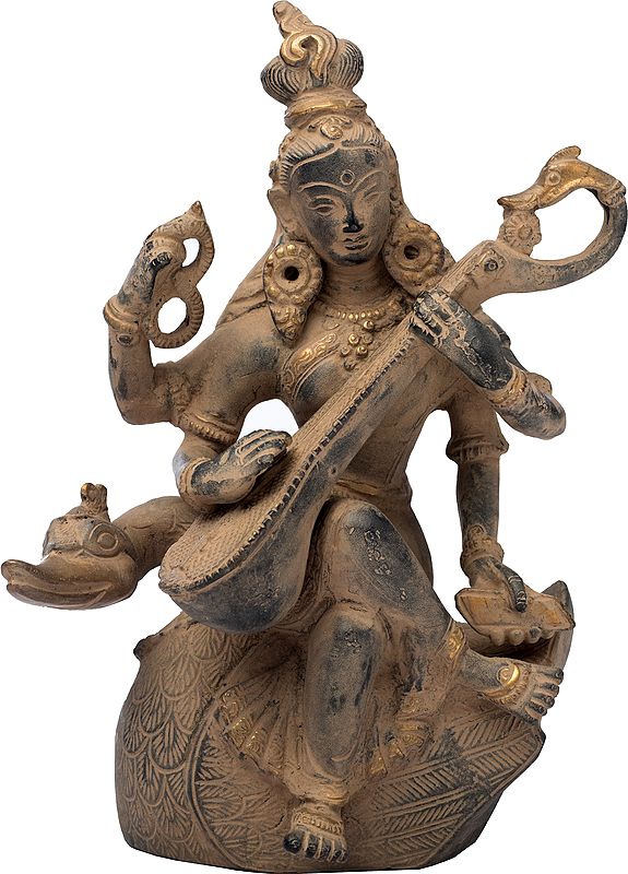 7" Goddess Saraswati Playing on Veena | Handmade Brass Statue | Made in India