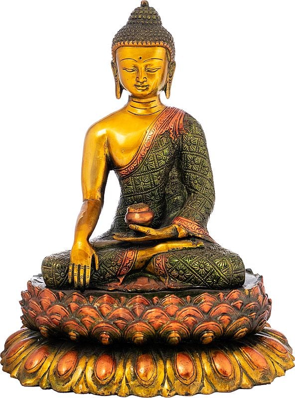 11" Tibetan Buddhist Lord Buddha Seated On Double Lotus Pedestal In Brass | Handmade | Made In India