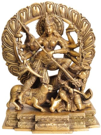 12" Ten-Armed Mahishasuramardini Goddess Durga In Brass | Handmade | Made In India