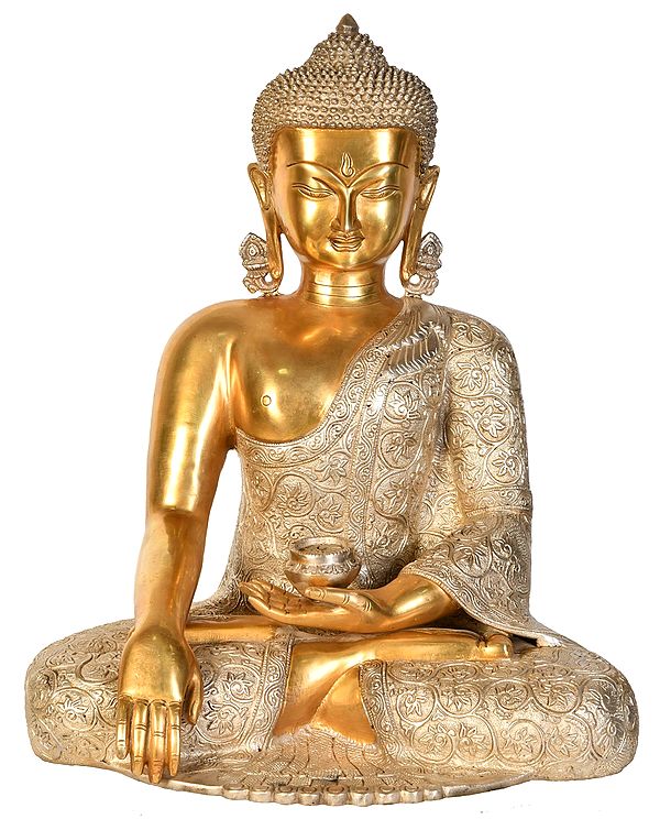 17" Lord Buddha Wearing a Carved Robe (Tibetan Buddhist) In Brass | Handmade | Made In India