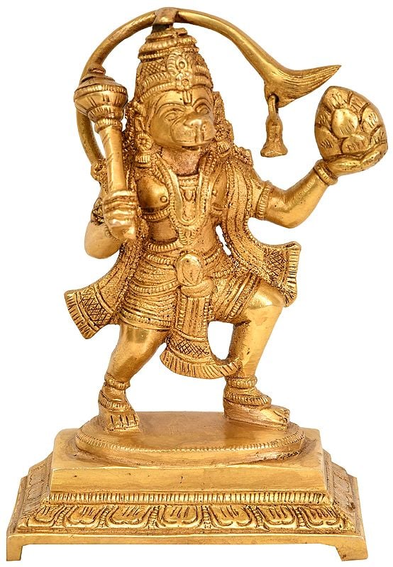 6" Brass Hanuman Statue with Sanjeevani Mountain | Handmade | Made In India