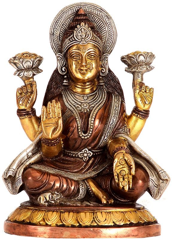 8" Goddess Lakshmi Brass Sculpture Showering Golden Coins | Handmade