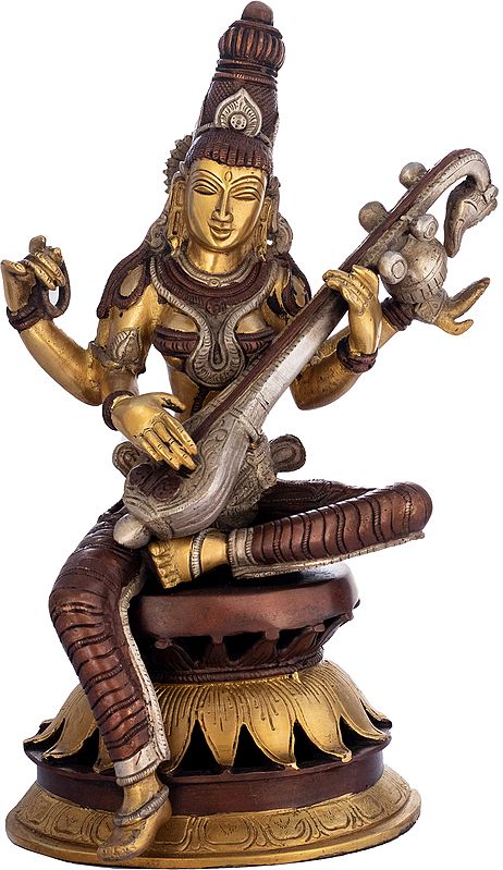 12" Graceful Sarasvati Brass Sculpture with Veena – Divine Musical Art, Handmade in India