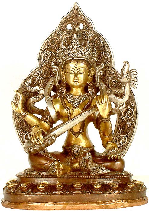 9" Goddess Saraswati in Nepalese Style In Brass | Handmade | Made In India