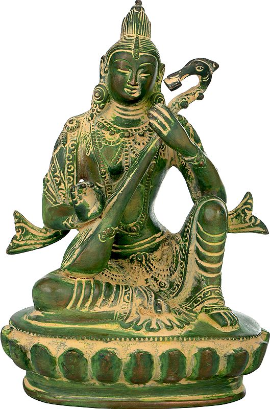 7" Goddess Saraswati in Nepalese Idiom In Brass | Handmade | Made In India