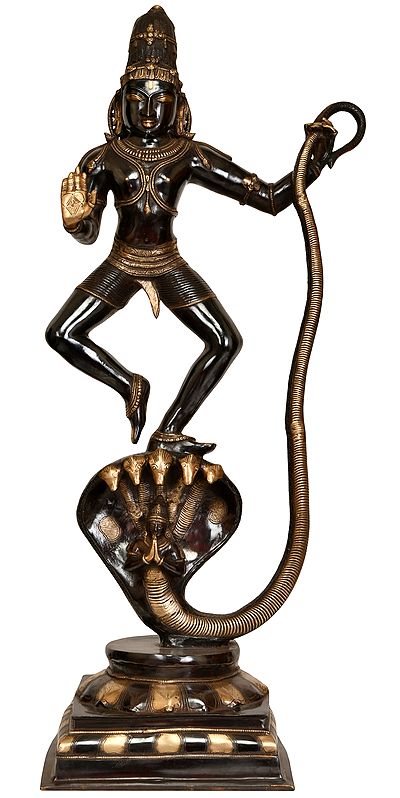40" Shri Krishna and Kaliya Brass Sculpture – Divine Victory, Handmade in India