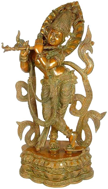 32" Venugopal (Flute-toting Gopal) With The Majestic Crown In Brass | Handmade | Made In India