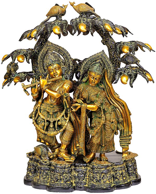 30" Radha Kishna Brass Statue - Stream of Emotions Flowing Under the Kadamba Tree