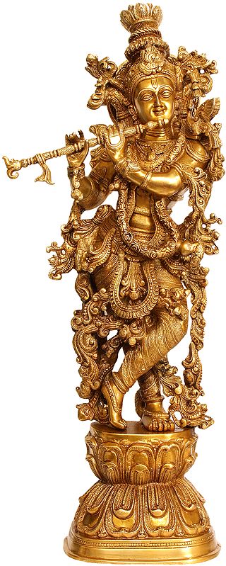 29" Krishna, The Resplendence Of The Divine Flutist In Brass | Handmade | Made In India