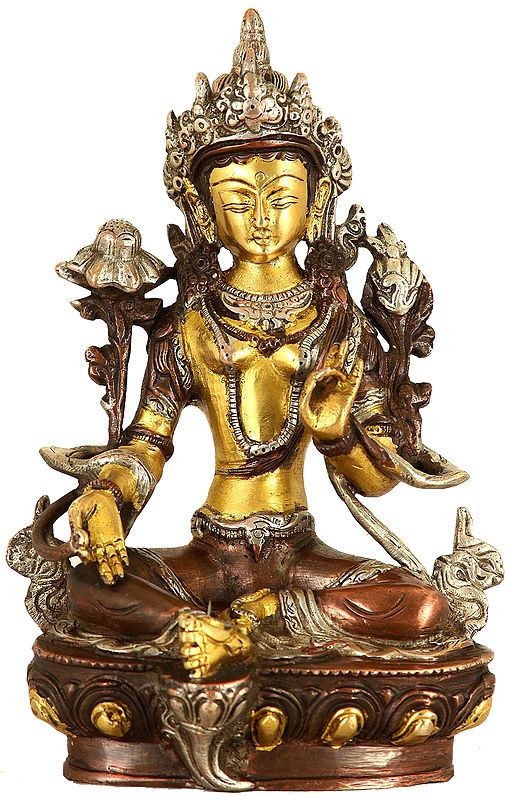 8" Green Tara In Her Traditional Garb In Brass | Handmade | Made In India