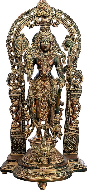 16" Brass Bhagawan Vishnu Idol with Prabhavali | Handmade Statue | Made in India