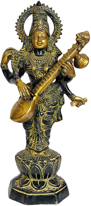 13" Saraswati Stands And Strums On Her Veena In Brass | Handmade | Made In India