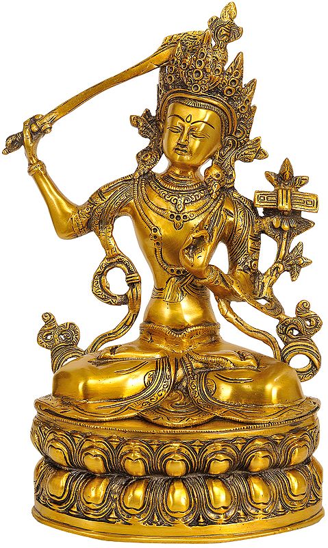 14" Manjushri - Bodhisattva of Transcendent Wisdom In Brass | Handmade | Made In India