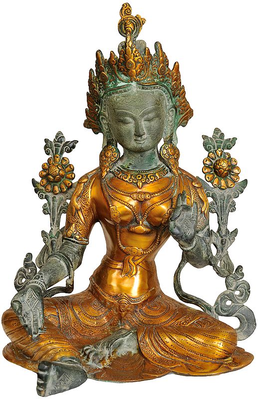 15" The Bejewelled Green Tara In Brass | Handmade | Made In India