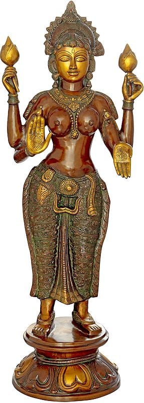 38" Goddess Lakshmi, Of The Resplendent Skin In Brass | Handmade | Made In India