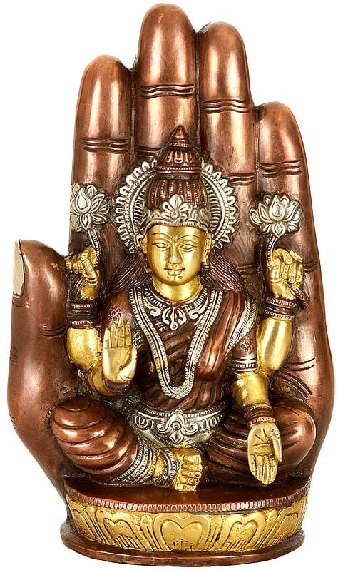 9" Lakshmi, Her Aureole The Shape Of A Palm In Brass | Handmade | Made In India