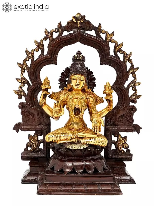 15" Lakshmi Against An Elaborate Aureole In Brass | Handmade | Made In India