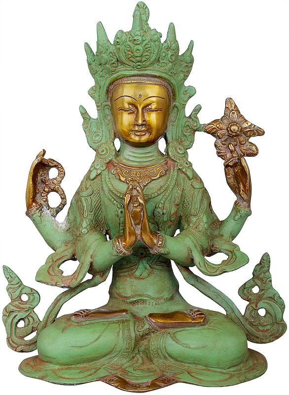 10" Four-armed Avalokiteshvara, Chenrezig In Tibetan In Brass | Handmade | Made In India