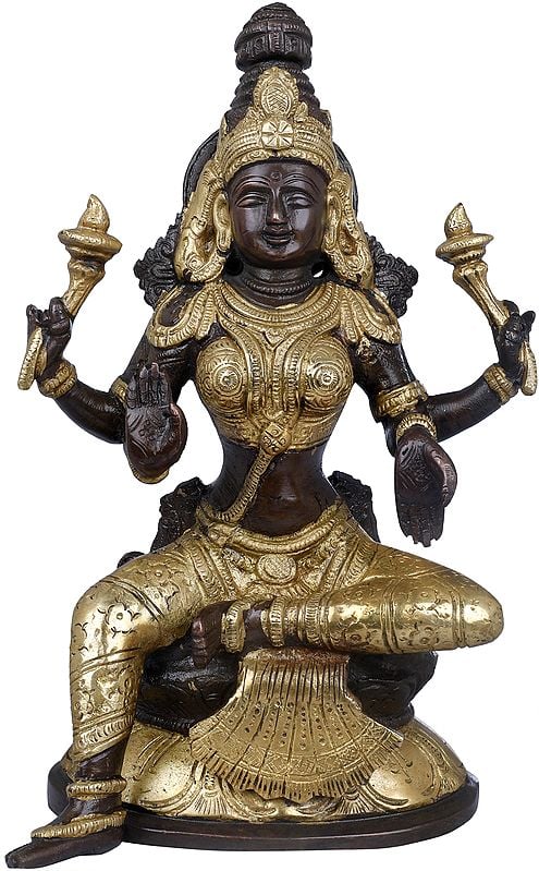 8" Four Armed Lakshmi Seated in Lalitasana In Brass | Handmade | Made In India