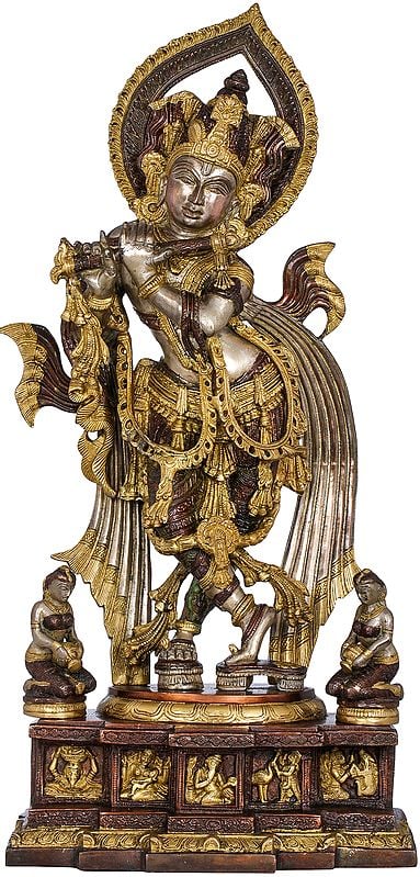 25" Gopis At Krishna's Feet, His Baal-lila On The Pedestal In Brass | Handmade | Made In India