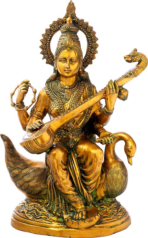 28" Seated Devi Sarasvati on Riverine Pedestal | Handmade Brass Sculpture