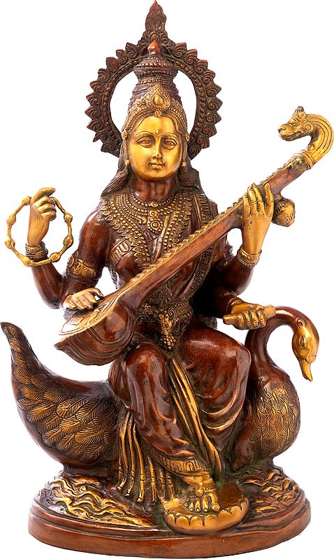 28" Seated Devi Sarasvati on Riverine Pedestal | Handmade Brass Sculpture