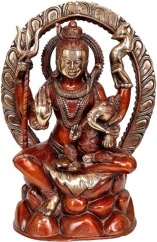 12" Seated Shiva Atop Mount Kailash, Baby Ganesha In His Arms In Brass | Handmade | Made In India