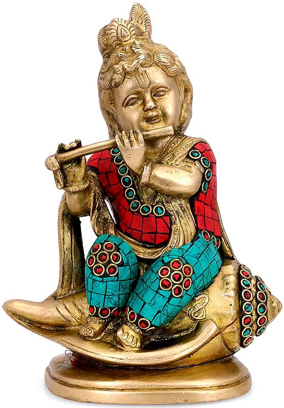 Baal-Krishna, Sitting And Playing On A Conch