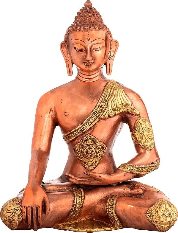 11" Dula-tone Buddha, His Slender Hand In Bhumisparsha Mudra In Brass | Handmade | Made In India