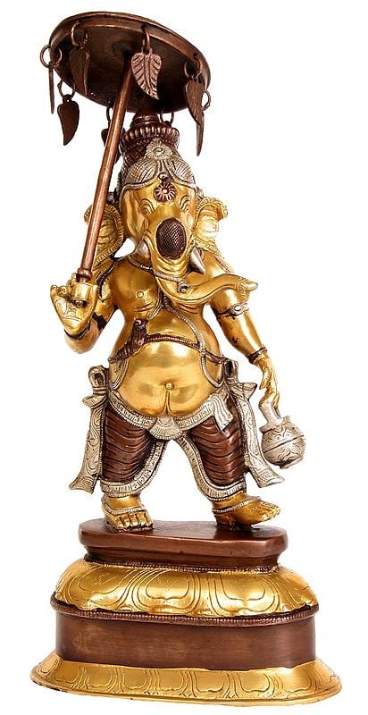 15" Ganesha, Holding Parasol In One Hand, Kamandalu In The Other In Brass | Handmade | Made In India