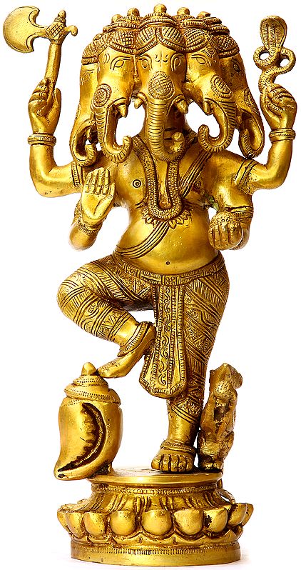 12" Five-headed Ganesha, Flanked By The Mouse And The Conch In Brass | Handmade | Made In India