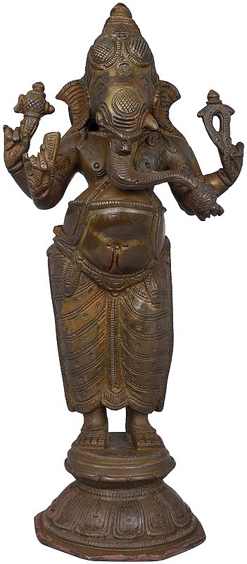 10" Dhoti-clad Ekdanta Ganesha, Standing In Brass | Handmade | Made In India