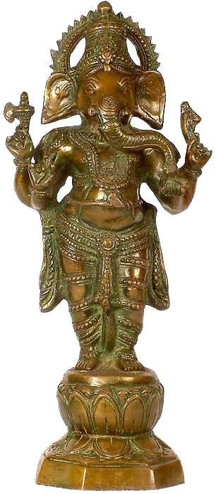 14" Standing Chaturbhuja Ganesha In Brass | Handmade | Made In India