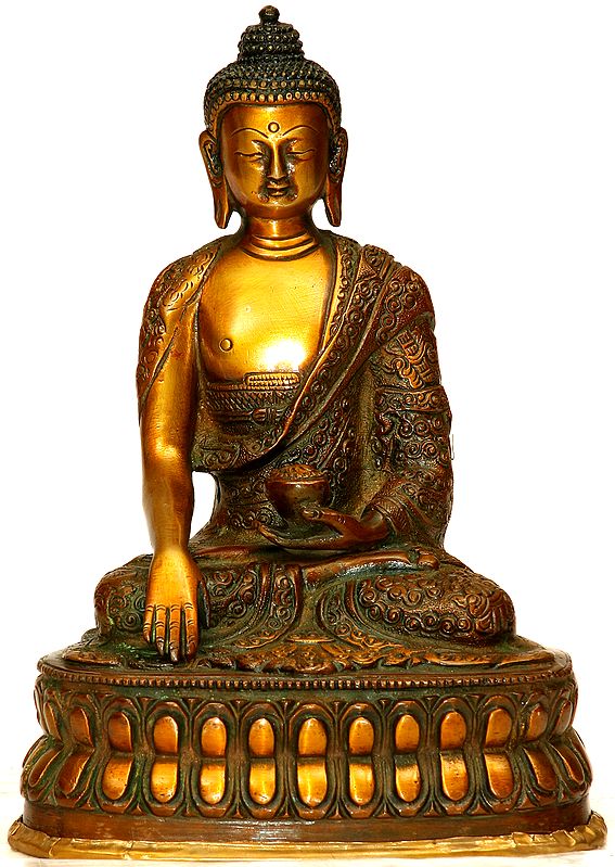 8" Buddha, His Hand In Bhumisparsha Mudra, Auspicious Motifs Carved Into His Robe In Brass | Handmade | Made In India