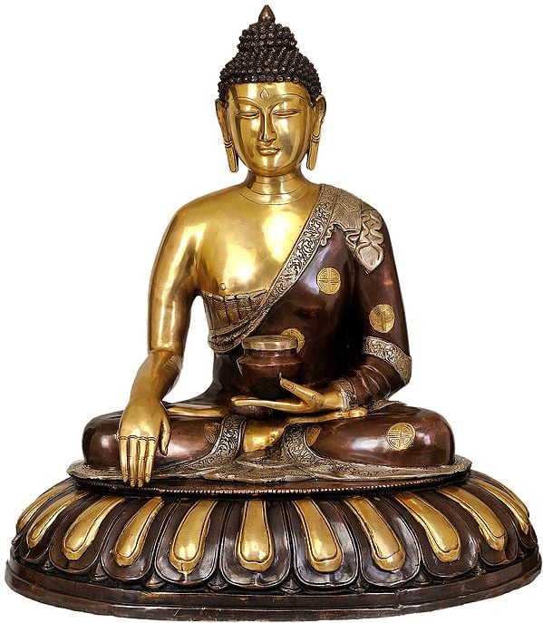 29" Buddha, His Hand In Bhumisparsha Mudra, The Lotus Throne Spreading Out Beneath Him In Brass | Handmade | Made In India