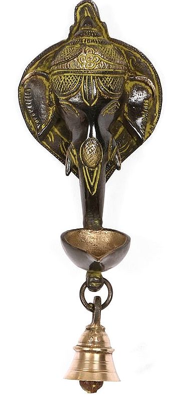 Antique Elephant Face Oil Lamp with Bell wall Hanging Brass Sculpture