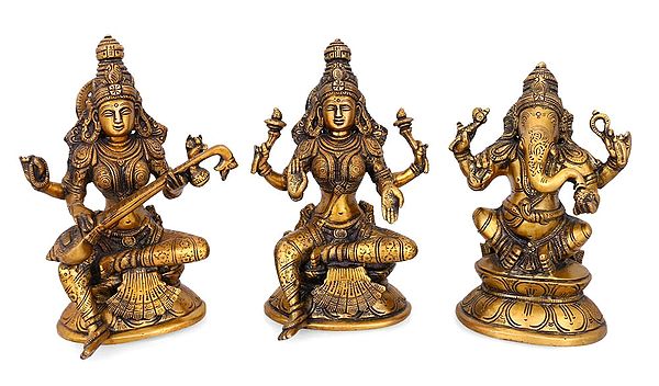Set of Ganesh Lakshmi Saraswati Brass Sculpture