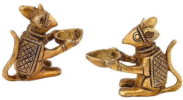 Ganesha's Mouse Sitting Oil Lamp Brass Diya Holding