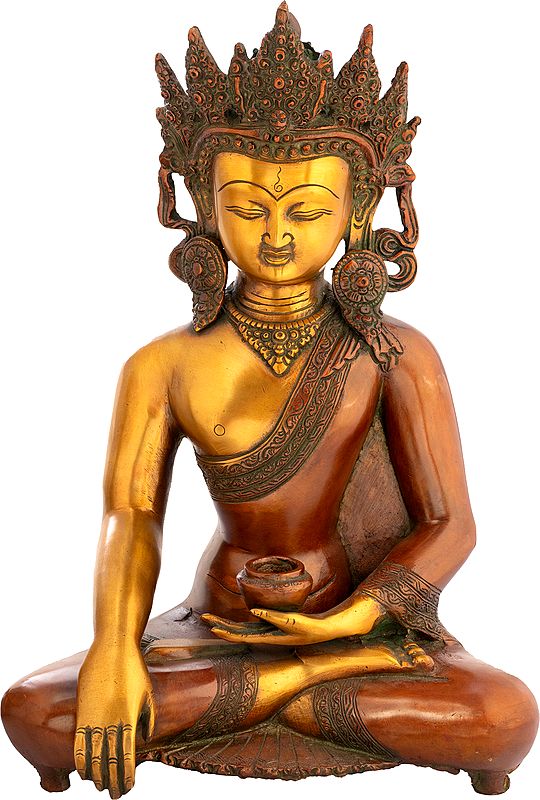 14" Buddha In Bhumisparsha Mudra, His Exquisite Crown And Karnaphool Standing Out In Brass | Handmade | Made In India