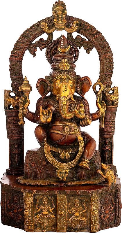 19" Ganesha Seated Afore An Elaborate Aureole, Lakshmi Engraved On The Pedestal In Brass | Handmade | Made In India