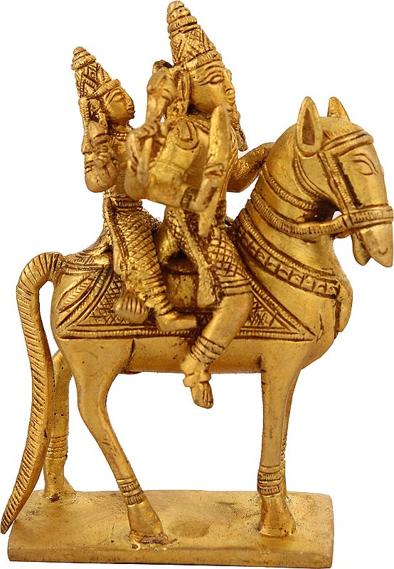4" Shiva-Parvati Astride A Horse | Handmade Brass Idol | Made In India