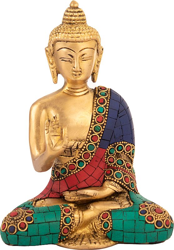 6" Buddha's Richly Inlaid Robes | Handmade Brass Statue | Made In India