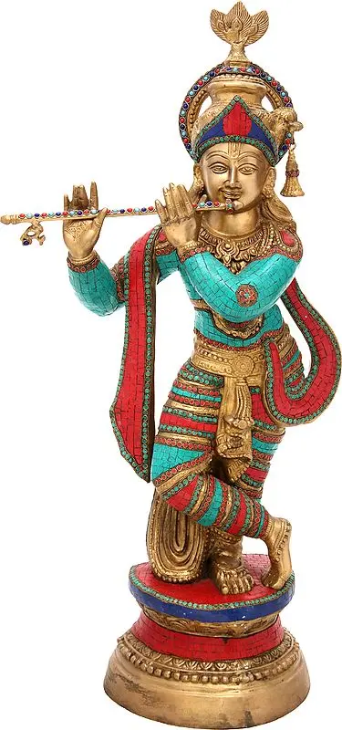 35" Large Size Krishna Playing on Flute In Brass | Handmade | Made In India