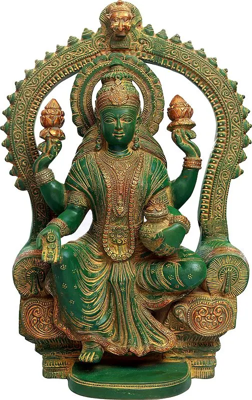 17" Goddess Lakshmi Seated on Throne with the Pot of Wealth In Brass | Handmade | Made In India