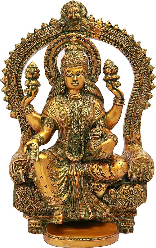 17" Goddess Lakshmi Seated on Throne with the Pot of Wealth In Brass | Handmade | Made In India