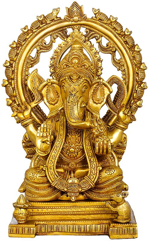 13" Throne Ganesha with Marching Rats Aureole In Brass | Handmade | Made In India