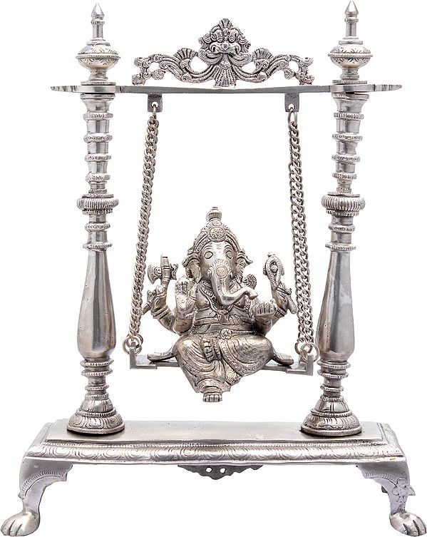 16" Lord Ganesha on a Swing (In Silver Colour) In Brass | Handmade | Made In India