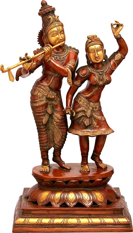 23" Radha Dancing On The Flute of Her Beloved Krishna In Brass | Handmade | Made In India