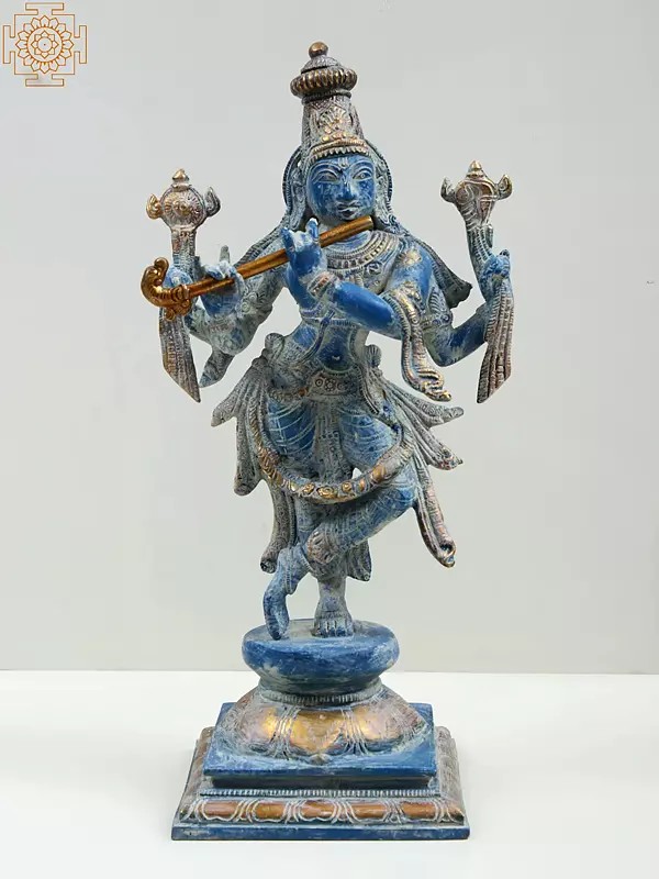 12" Lord Krishna Brass Statue | Handmade God Idol for Temple